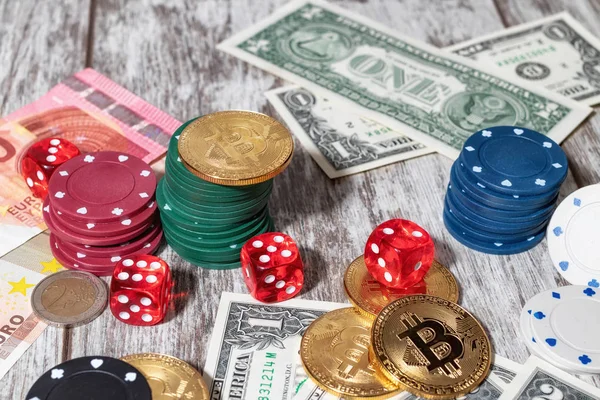 Colorful Casino Chips Dollars Bitcoins Red Dice Lie Light Wooden — Stock Photo, Image