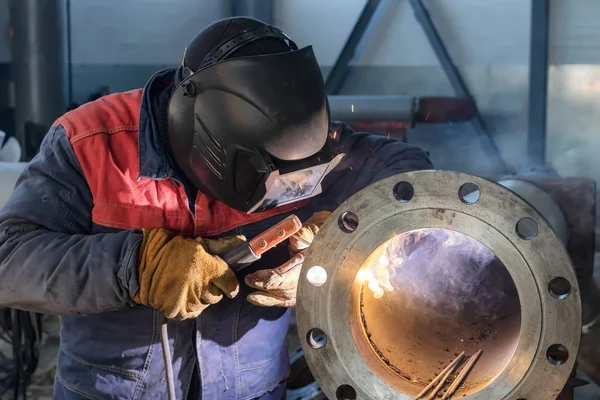 Trabalhos Soldadura Produção Unidade Soldadura Encanamento Tubo Flange Paredes Espessas — Fotografia de Stock