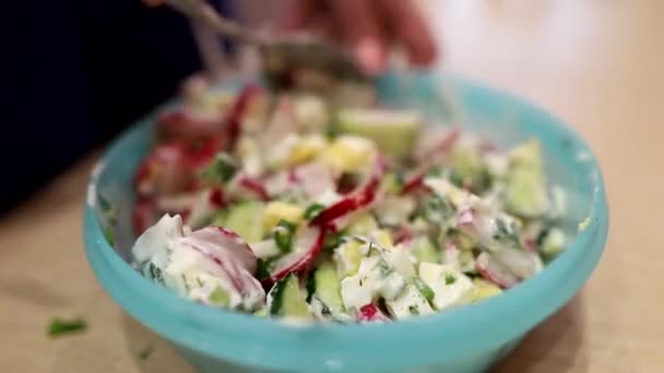 Insalata Cetrioli Freschi Ravanelli Aneto Condita Con Panna Acida Piatto — Video Stock