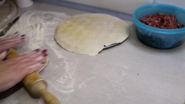 Den Teig Mit Dem Nudelholz Auf Dem Küchentisch Einem Dünnen — Stockvideo