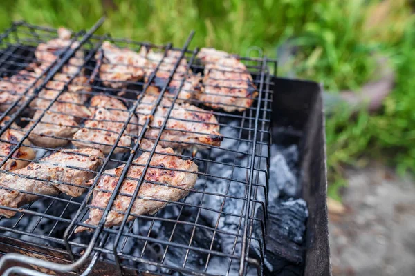 Vaření marinované maso nad dřevěným uhlím doma — Stock fotografie