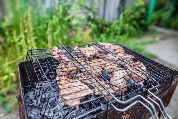 Готовить маринованное мясо на древесном угле дома — стоковое фото