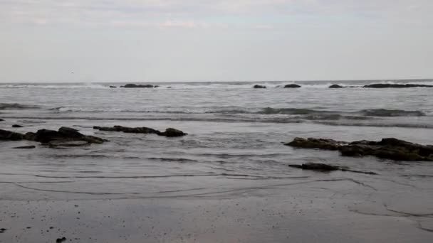 里海风暴过后的多云天 海浪拍打保护海湾的贝壳礁 — 图库视频影像