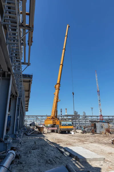 Large Yellow Truck Crane Stands Ready Work Construction Site New Royalty Free Stock Images