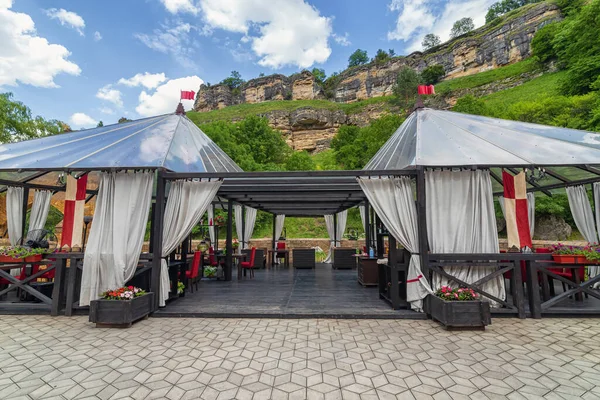 Ein Gemütlich Eingerichtetes Open Air Zelt Teil Eines Restaurants Touristischen — Stockfoto