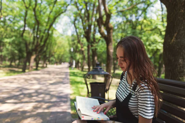 Çekici Kızıl Saçlı Genç Kız Parkta Kitap Okuyor Sınava Hazırlanıyor — Stok fotoğraf