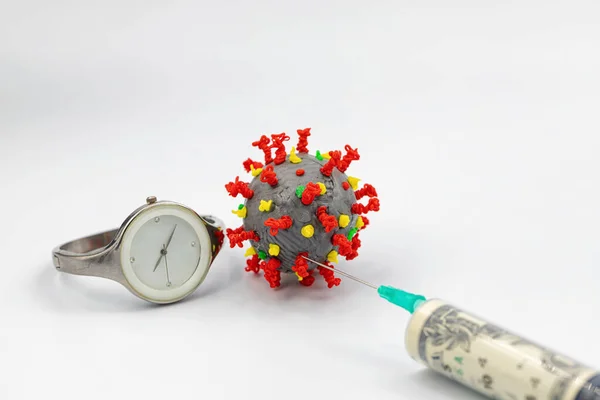 Modelo Coronavirus Plástico Reloj Bolsillo Yacen Sobre Fondo Blanco — Foto de Stock