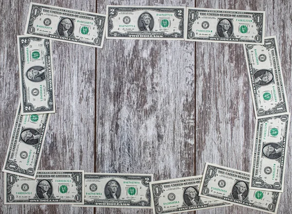 Het Frame Van Dollarbiljetten Gelegd Een Houten Achtergrond Achtergrond Van — Stockfoto