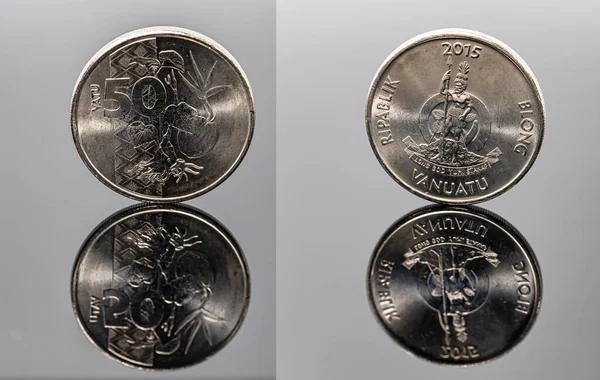 一枚50瓦图的硬币 从瓦努阿图岛两边的一个反射面上看 — 图库照片