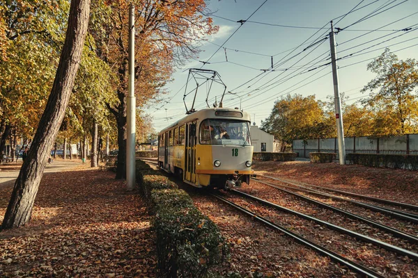 Pyatigorsk Październik Miejski Tramwaj Przejeżdża Jesiennymi Uliczkami Centrum Turystycznym Października — Zdjęcie stockowe