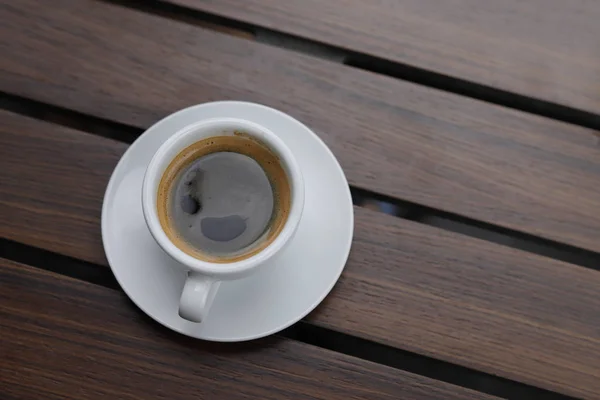 Gorąca Kawa Drewniane Tła Czarna Kawa — Zdjęcie stockowe