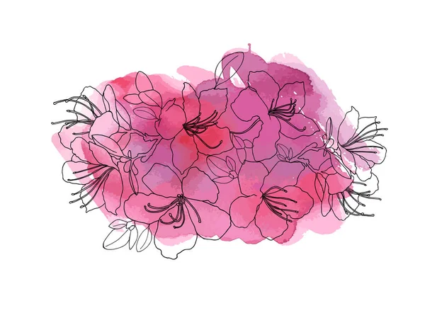 Composición Dibujada Mano Rododendro Ledebour Flores Rosa Mancha Abstracta Acuarela — Vector de stock