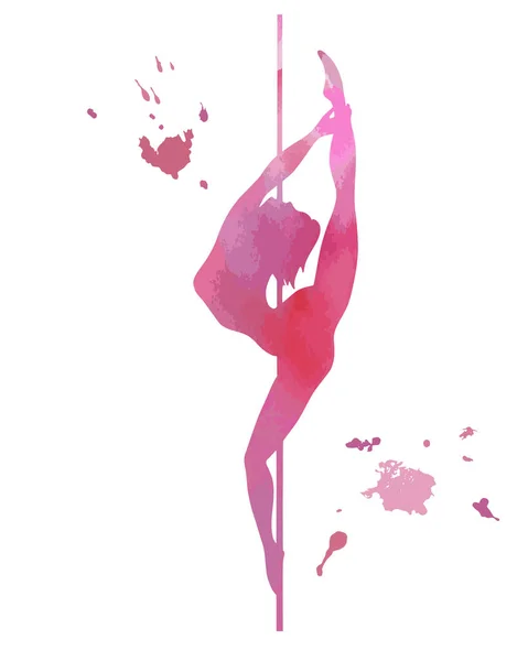 ベクター シルエット ポールダンス水彩テクスチャと白い背景の上 Scketch エキゾチックなダンスのベクトル図です バッジ アイコン バナー 服のピンクの孤立したクリップアート — ストックベクタ