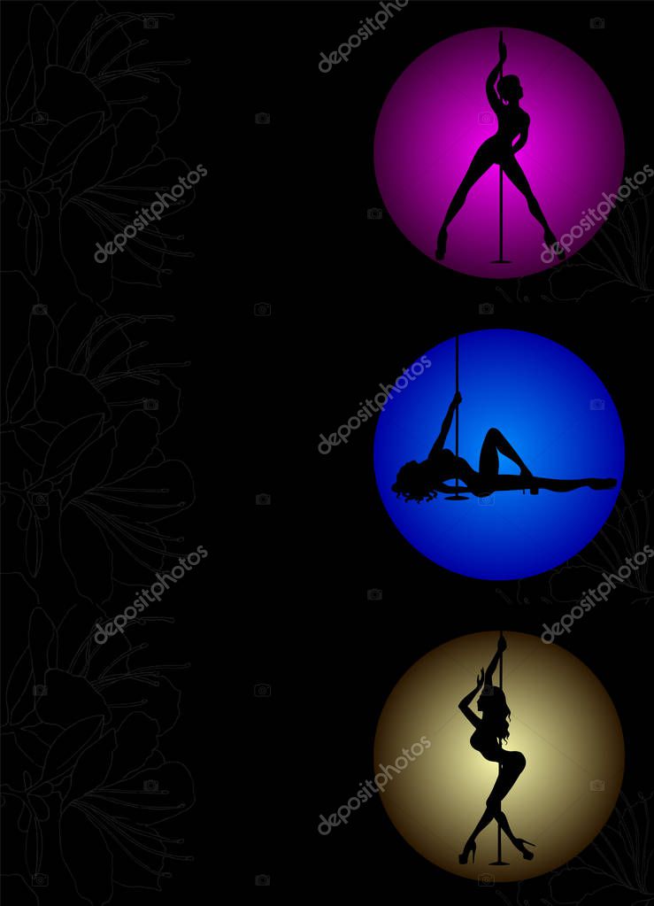 Set of three Flyers with Vector silhouette pole dance exotic on a magenta, blue, yellow circle. Pole dance illustration for design. Vector illustration EPS10 on black background with flowers texture