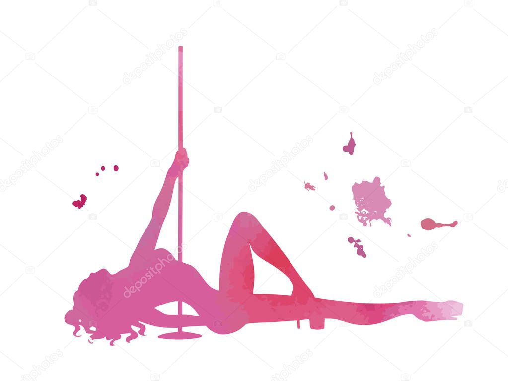 Vector silhouette pole dance with watercolor texture on a white background. Hand scketch exotic dance vector illustration. Pink isolated clipart for logotype, badge, icon, logo, banner, tag, clothes