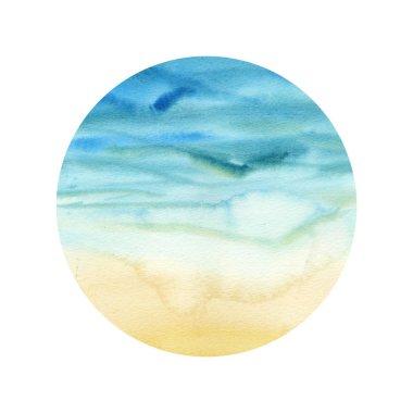 Yuvarlak soyut suluboya degrade deniz ve kum. Gazetede sıçramasına renk. Çizilmiş bir koludur. İzole Yazdır elbise için. Suluboya tasarımcısı öğe. Arka plan doku Beach ile