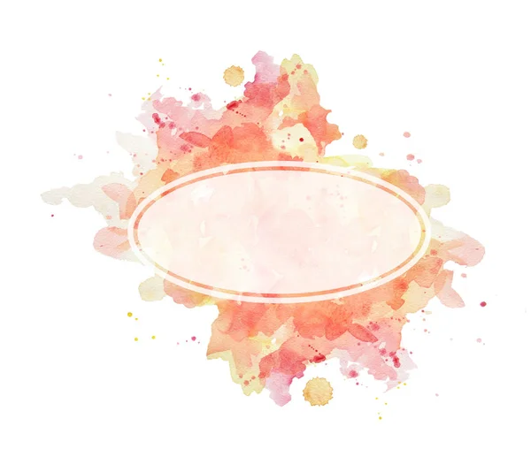 Abstract spots yellow and pink watercolor with white ellipse. The color splashing in the paper. It is a hand drawn. Print for clothes. Watercolor designer element. Background for wedding, fashion
