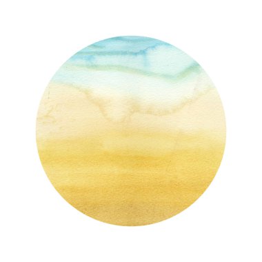 Yuvarlak soyut suluboya degrade deniz ve kum. Gazetede sıçramasına renk. Çizilmiş bir koludur. İzole Yazdır elbise için. Suluboya tasarımcısı öğe. Arka plan doku Beach ile