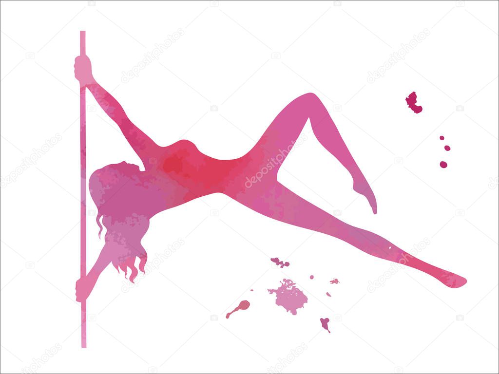Pole dance element is flag. Pink silhouette with texture abstract watercolor on white background. Clipart for dance and striptease. Vector illustration EPS10 for logo, icon, banner, flyer