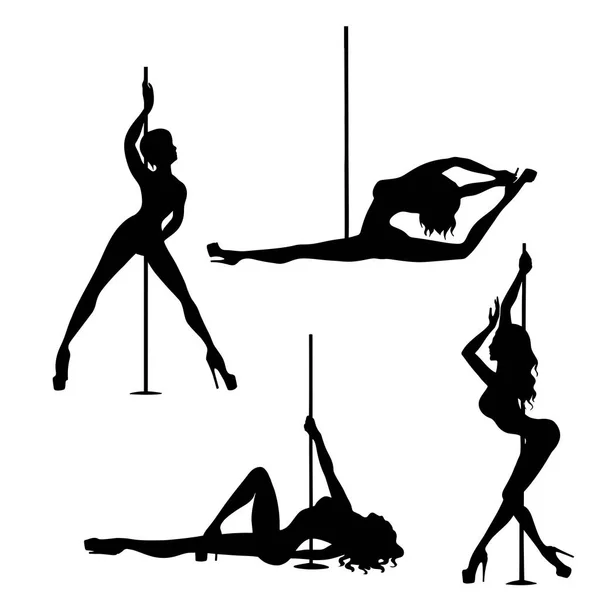 白い背景に女の子とポールのベクトルシルエットのセット フィットネス ストリップダンサー エキゾチックなダンスのためのポールダンスイラスト イラスト Eps10 Logotype Badge Icon Logo — ストックベクタ