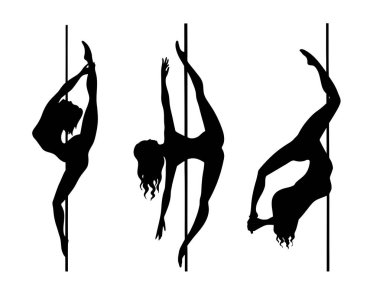Beyaz arka planda kız ve sırığın vektör silueti. Fitness için direk dansı, striptiz dansçıları, egzotik danslar. Görüntü EPS10 logotip, rozet, simge, logo, bayrak, etiket.