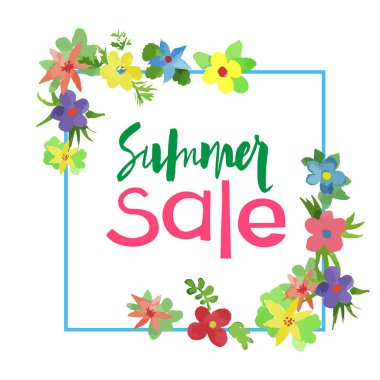 suluboya çerçeve yaz satış çiçek. ilkel çiçek tasarımı için. parlak suluboya resim. clipart, kapanışı için etiket. yeşil kırmızı, sarı, mavi, turuncu, mor çiçekler