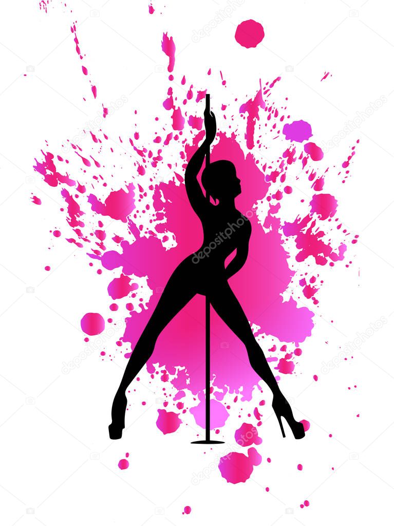 Vector black silhouette pole dance on pink watercolor blot on a white background. Hand scketch exotic dance vector illustration. Isolated clipart for logotype, badge, icon, logo, banner, tag, clothes