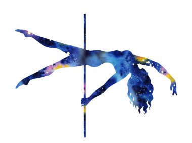 kız ve beyaz bir arka plan kutubun silüeti. Pole dans gösterim amacıyla striptiz dansçılar, egzotik. Logo, rozet, simge, logo, afiş, etiket, giysiler için doku suluboya evren ile Clipart