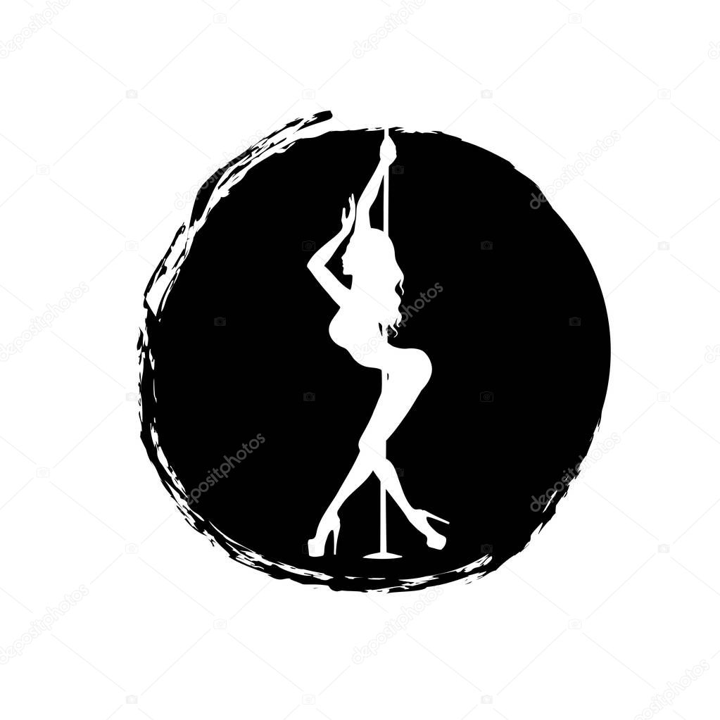 White silhouette pole dance on a black spot on a white background. It is pole dance vector illustration. Clipart for logotype, badge, icon, logo, banner, tag, clothes