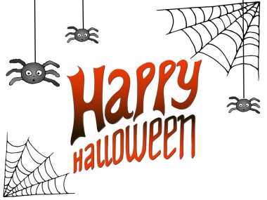 Mutlu Cadılar Bayramı kaligrafi kartı. Modern yazıt ve örümcekler ve spiderweb beyaz zemin üzerinde. Afiş, etiket, etiket, kart, kıyafetler, el ilanı için elle yazılmış yazı vektör.