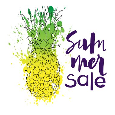 Message summer sale and the pineapple with watercolor abstact background. Hand lettring isolated. It is a hand drawn. text in modern style for banner, logo, flayer, label, icon, badge, sticker. clipart