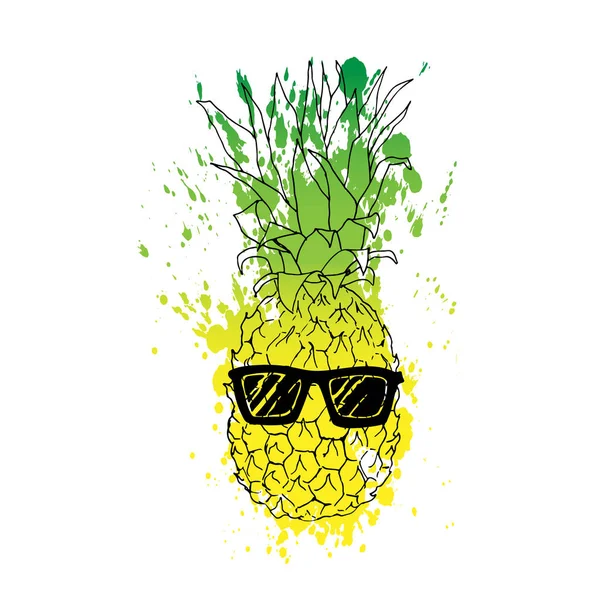 Vectorillustratie Lijn Van Ananas Met Aquarel Abstracte Textuur Glazen Geïsoleerde — Stockvector