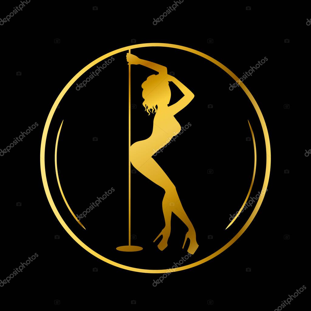 Gold logo for Dance studio, Pole dance, stripper club. Silhouette pole dance on a black background. Pole dance exotic vector illustration. Vector illustration for logotype, icon, banner
