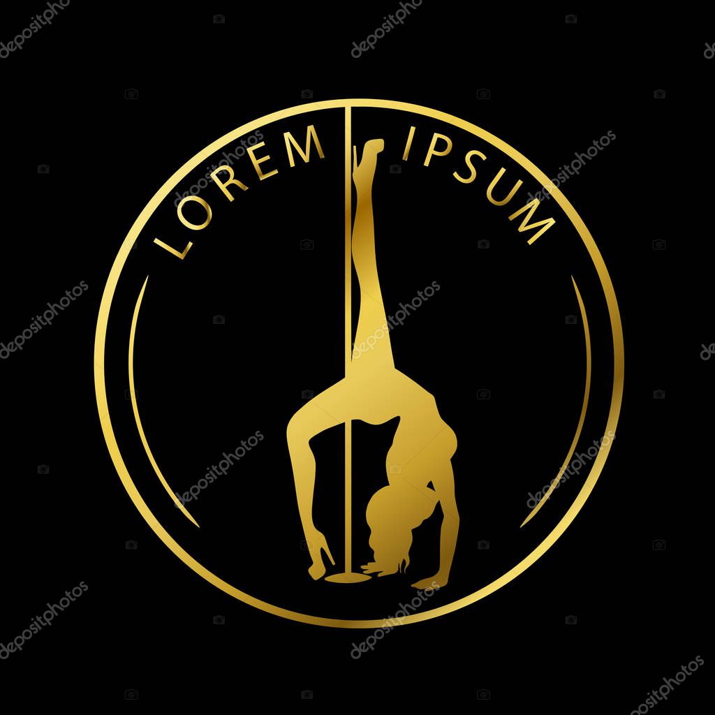 Gold logo for Dance studio, Pole dance, stripper club. Silhouette pole dance on a black background. Pole dance exotic vector illustration. Vector illustration for logotype, icon, banner