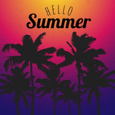 Şablon Merhaba yaz renk arka plan üzerinde siyah palmiye ağaçları ile.