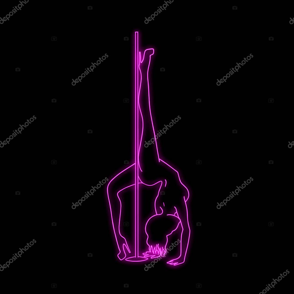 Vector silhouette of girl and pole with neon effect. Pole dance illustration for fitness, striptease dancers, exotic dance. Vector illustration EPS10 for logotype, badge, icon, logo, banner, tag.