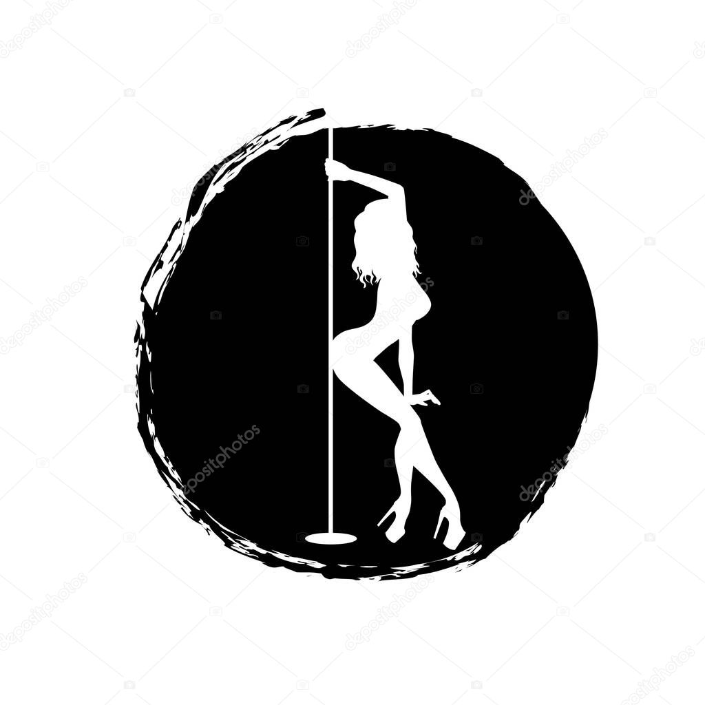 White silhouette pole dance on a black spot on a white background. It is pole dance vector illustration. Clipart for logotype, badge, icon, logo, banner, tag, clothes