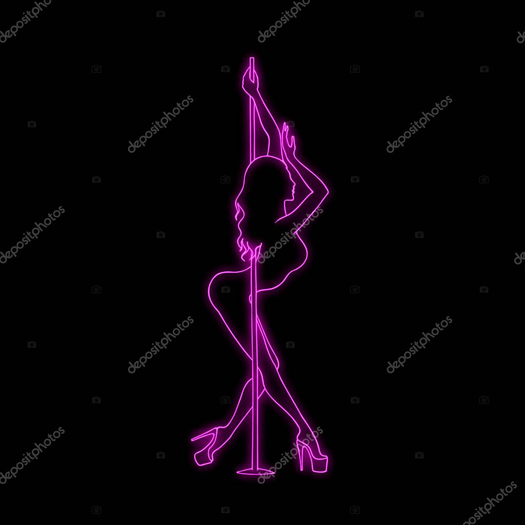 Vector silhouette of girl and pole with neon effect. Pole dance illustration for fitness, striptease dancers, exotic dance. Vector illustration EPS10 for logotype, badge, icon, logo, banner, tag.