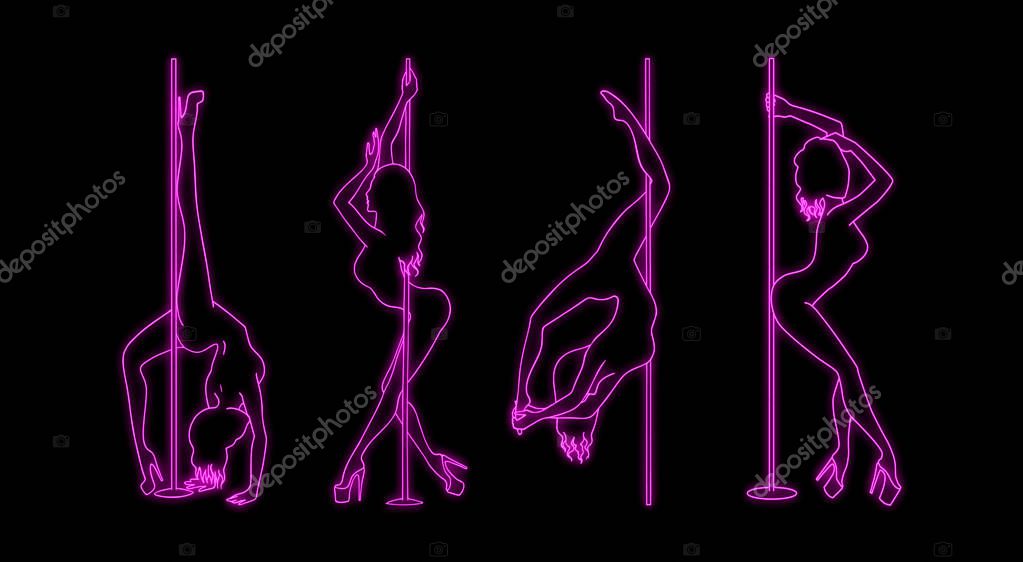 Set of vector silhouette of girl and pole with neon effect. Pole dance illustration for fitness, striptease dancers, exotic dance. Illustration EPS10 for logotype, badge, icon, logo, banner, tag.