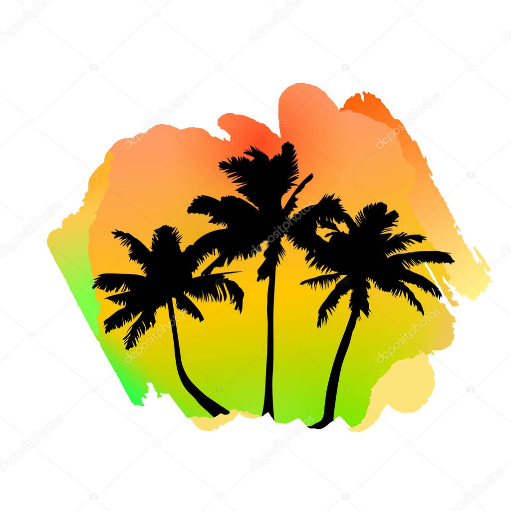 Composition with tropical palm trees on watercolor abstract green, yellow, orange spot.