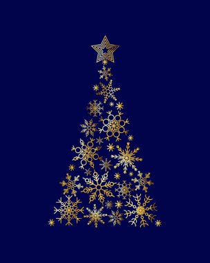 Mavi arka plan üzerinde Altın kar tanesi Noel ağacı