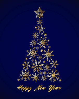 Mavi arka plan üzerinde Altın kar tanesi Noel ağacı