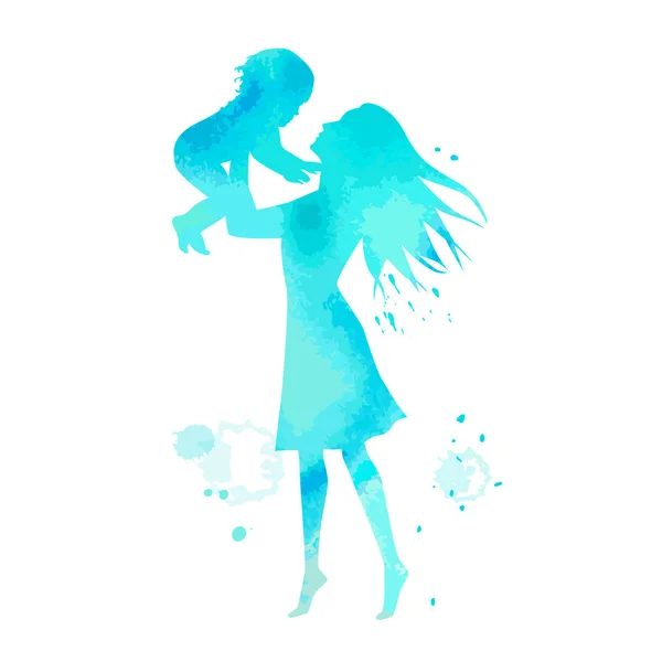 Women silhouette and little child with watercolor cyan texture — 스톡 벡터