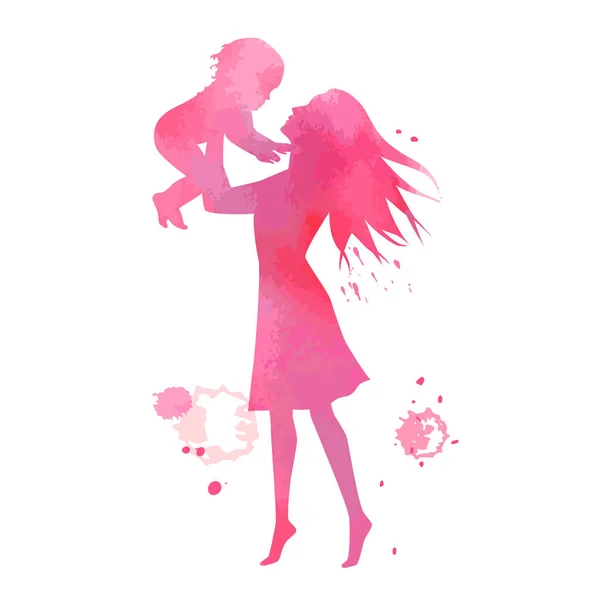 Silueta de mujer y niño pequeño con textura rosa acuarela — Vector de stock