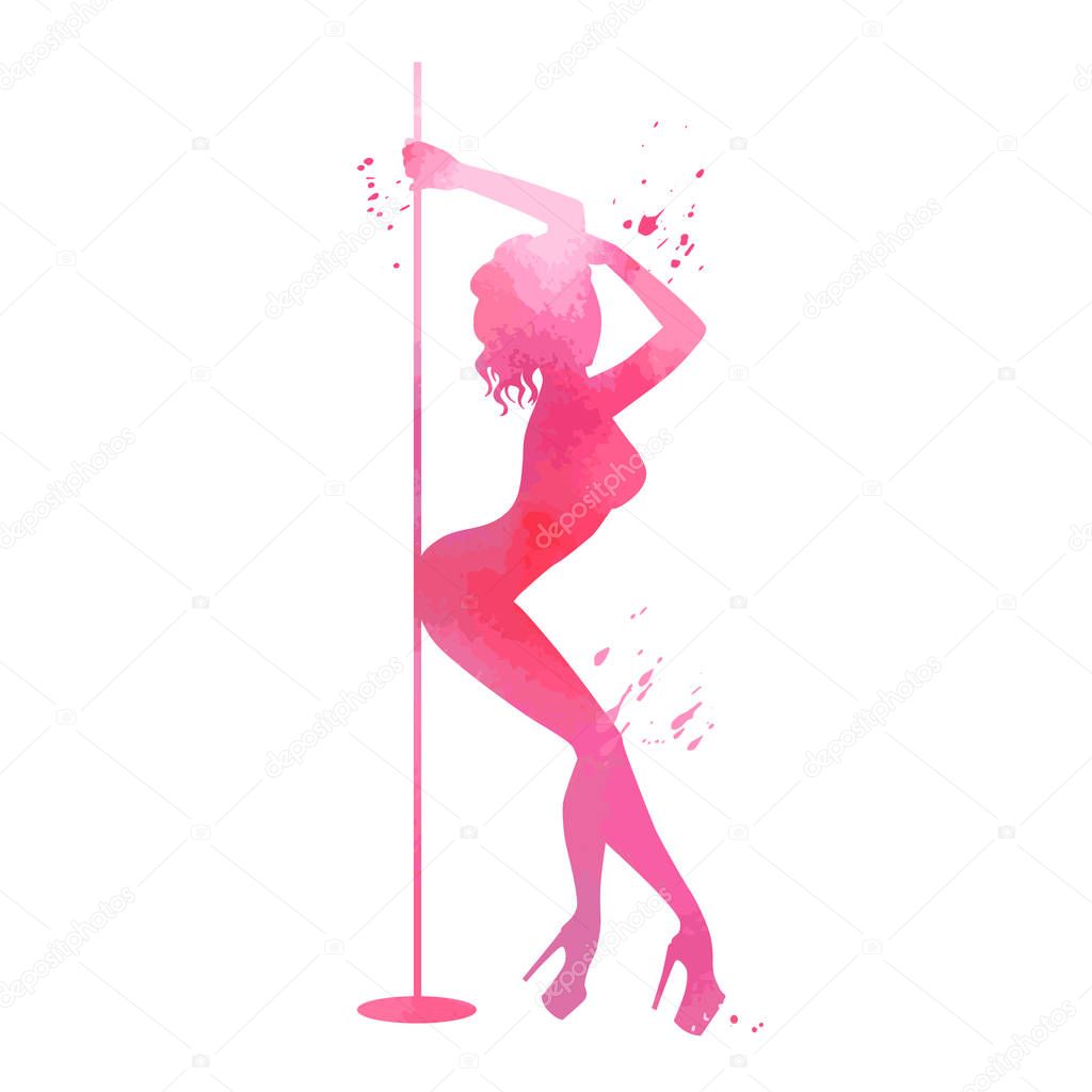 Vector silhouette pole dance with watercolor texture on a white background. Hand scketch exotic dance vector illustration. Pink isolated clipart for logotype, badge, icon, logo, banner, tag, clothes