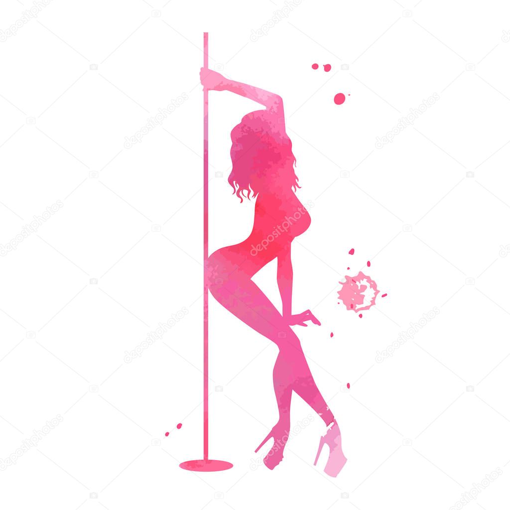 Vector silhouette pole dance with watercolor texture on a white background. Hand scketch exotic dance vector illustration. Pink isolated clipart for logotype, badge, icon, logo, banner, tag, clothes