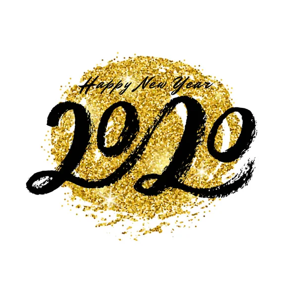 Vector kézírásos fekete betűkkel 2020 az arany Glitter spot háttér. — Stock Vector