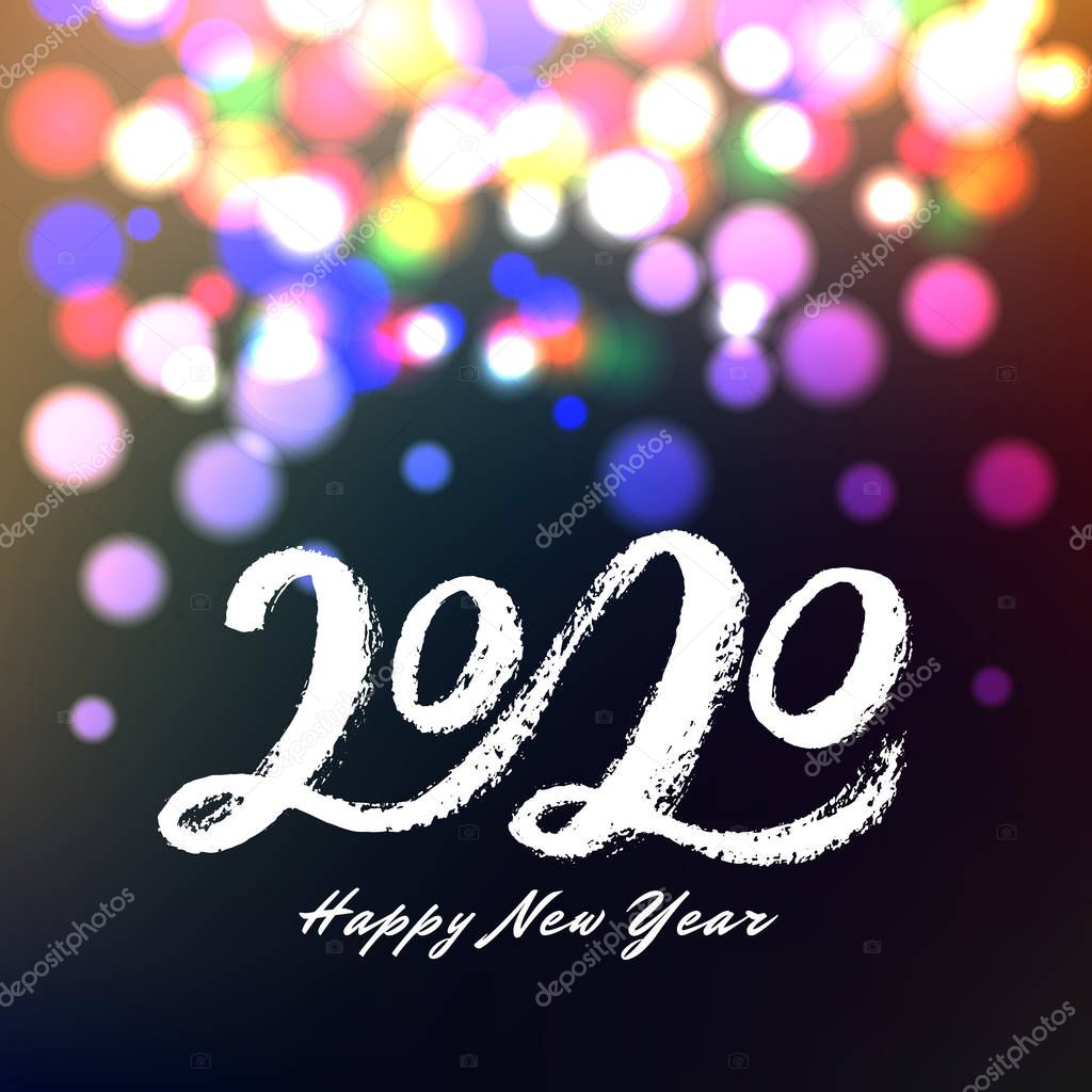 2020 Happy New Year banner with color lights background