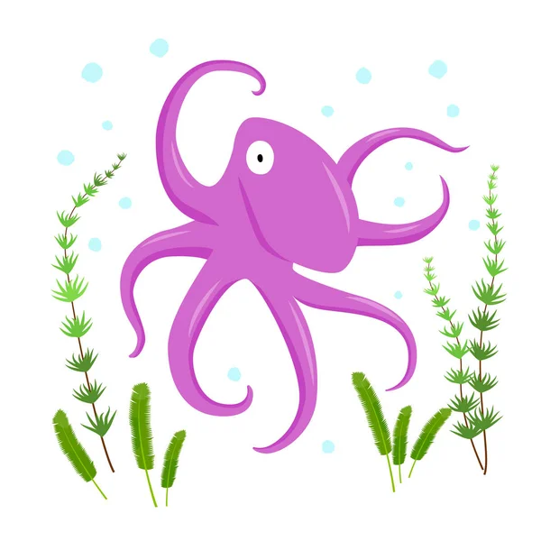 Pulpo de carácter plano con algas y manchas sobre fondo blanco . — Vector de stock