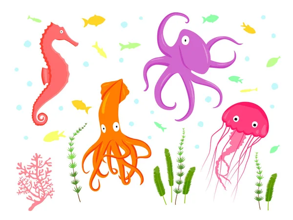 Conjunto de ilustración vectorial caballo de mar, pulpo, calamar, medusas — Vector de stock